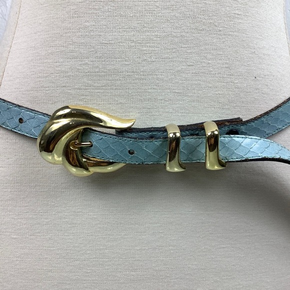 VTG Apple Acc of NY Snakeskin Leather Tiffany Blue Skinny belt SZ M EUC - Picture 2 of 10